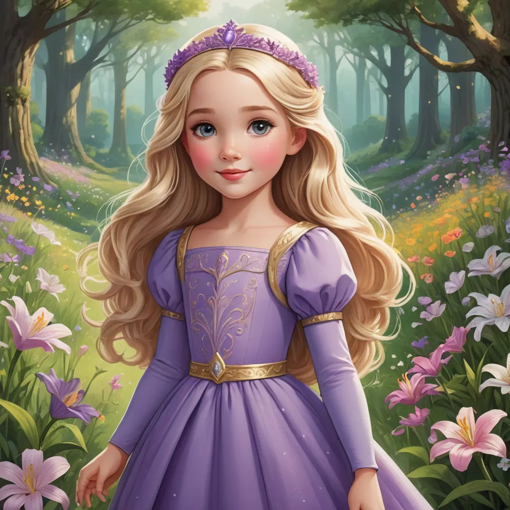 a painting of a little girl in a purple dress in a forest with flowers and trees in the background, fantasy art, a storybook illustration, Alice Prin, kinkade