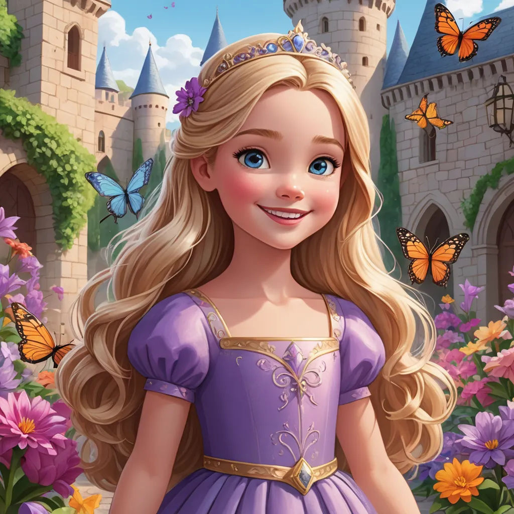 a cartoon girl in a purple dress standing in front of a castle with butterflies flying around her head and a butterfly in her hair, fantasy art, a character portrait, disney, kinkade