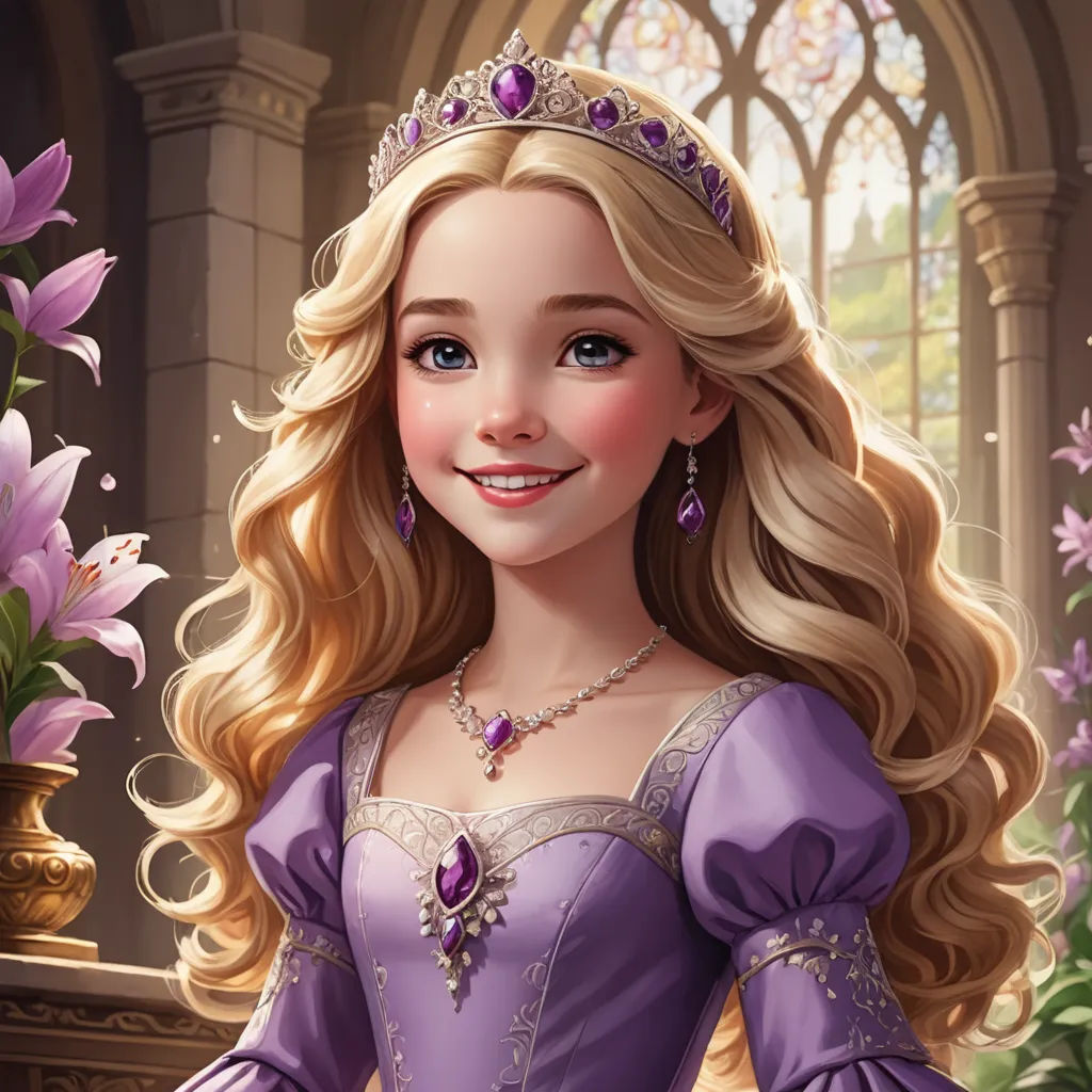 a beautiful blonde haired girl in a purple dress and tiara with flowers in the background and a window, fantasy art, a character portrait, Clarice Beckett, kinkade
