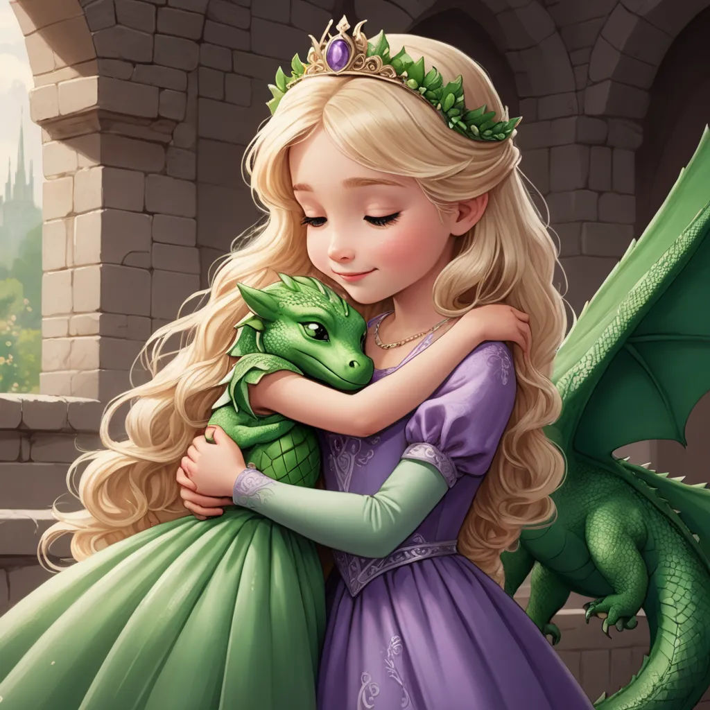 a little girl hugging a green dragon in a dress in front of a castle window with a green dragon, fantasy art, a storybook illustration, Anne Stokes, official art