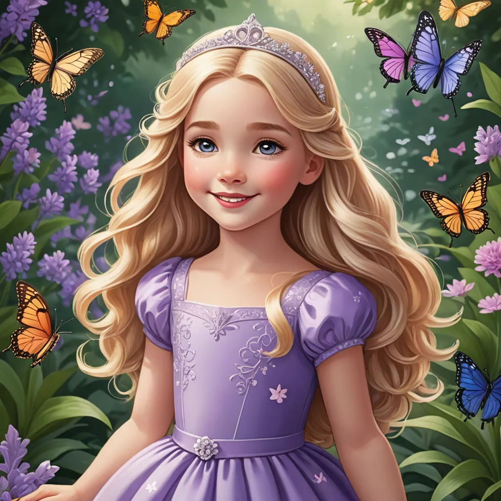 a girl in a purple dress standing in a field of flowers with butterflies around her and a butterfly in the background, gothic art, a character portrait, Alice Prin, behance hd