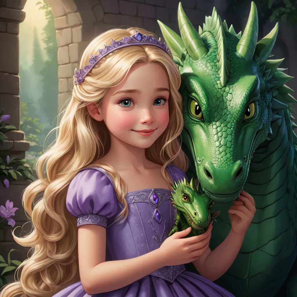 a little girl in a purple dress holding a green dragon in front of a castle wall with purple flowers, fantasy art, a storybook illustration, Abidin Dino, dragon art
