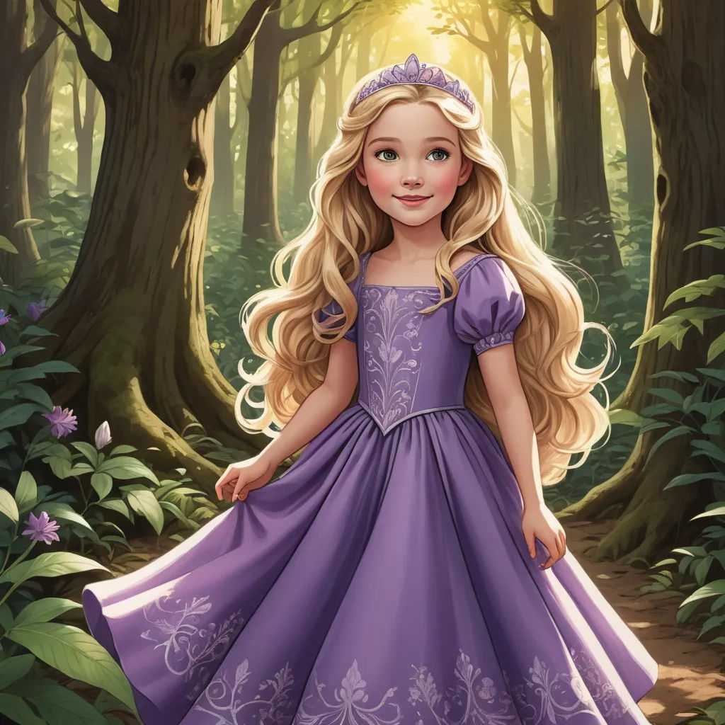 a painting of a little girl in a purple dress in a forest with flowers and trees in the background, fantasy art, a storybook illustration, Clarice Beckett, storybook illustration