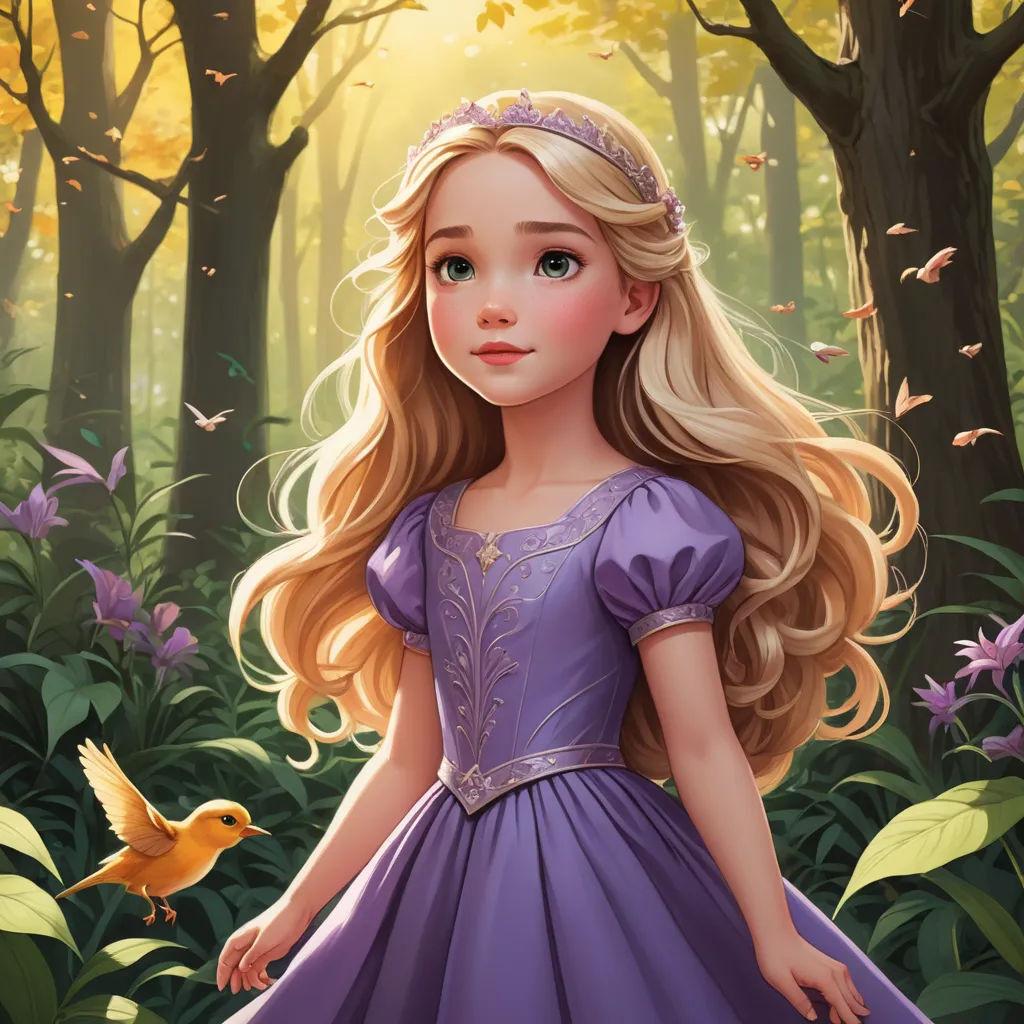 a painting of a girl in a purple dress in a forest with a bird on her shoulder and a bird on her shoulder, fantasy art, a storybook illustration, Alice Prin, rossdraws global illumination