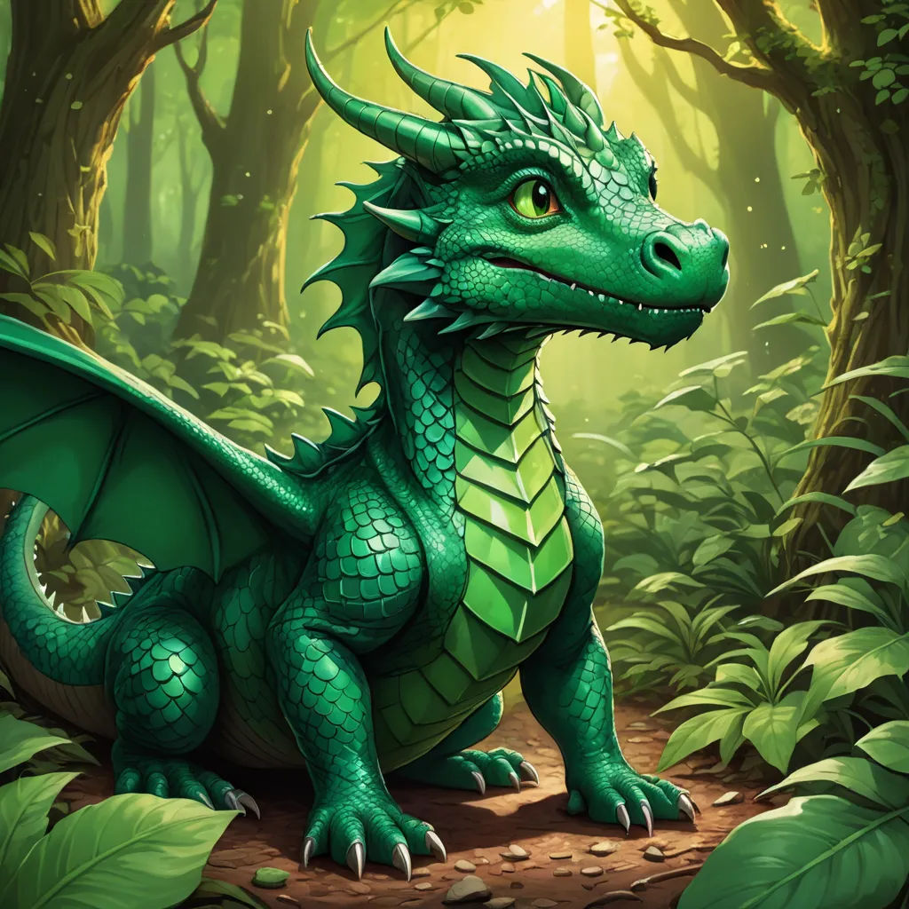 a green dragon sitting in the middle of a forest with trees and leaves around it's sides and a bright light shining on the ground, fantasy art, a storybook illustration, Anne Stokes, dragon art
