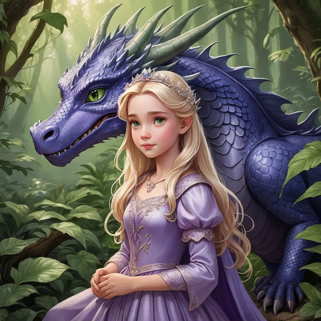 a young girl in a purple dress standing next to a dragon in a forest with trees and bushes behind her, fantasy art, a storybook illustration, Anne Stokes, dragon art