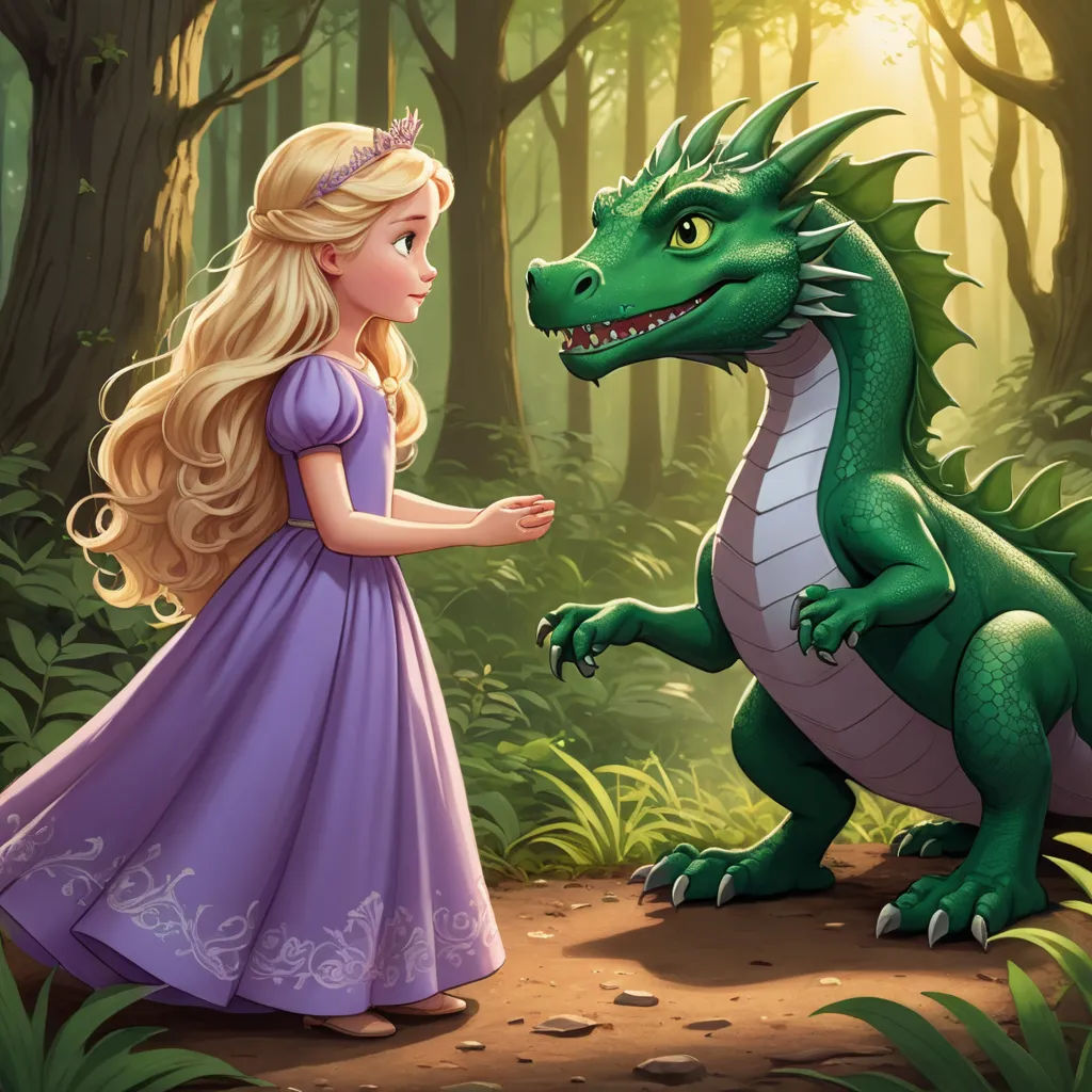 a girl in a purple dress standing next to a green dragon in a forest with trees and grass on the ground, sots art, a storybook illustration, disney, storybook illustration