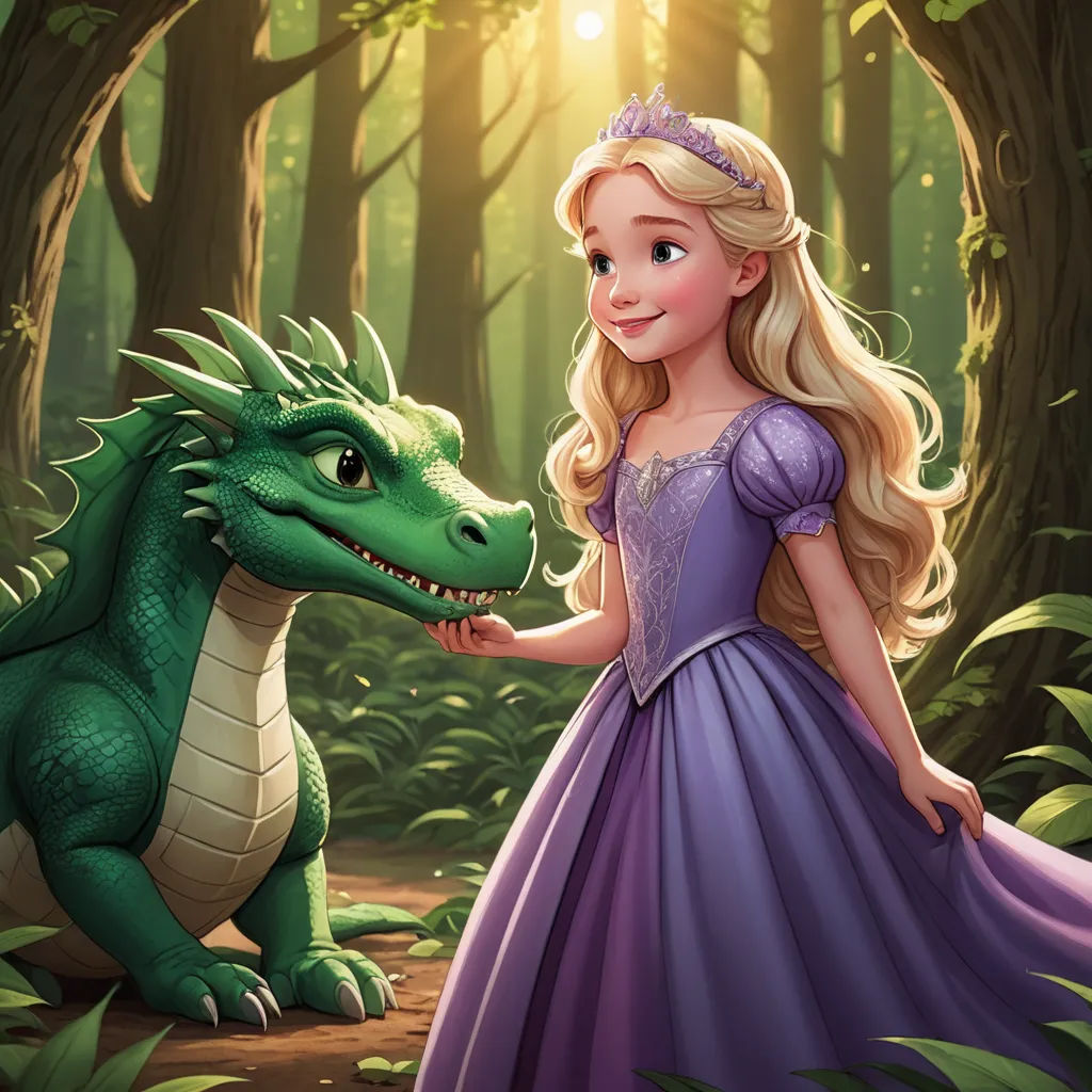 a princess and a dragon in a forest with sunlight shining through the trees and leaves on the ground,, sots art, a storybook illustration, disney, official art