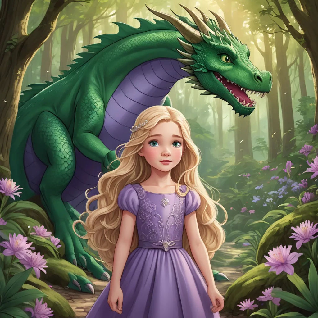 a girl in a purple dress standing next to a green dragon in a forest with flowers and trees in the background, fantasy art, a storybook illustration, Anne Stokes, storybook illustration