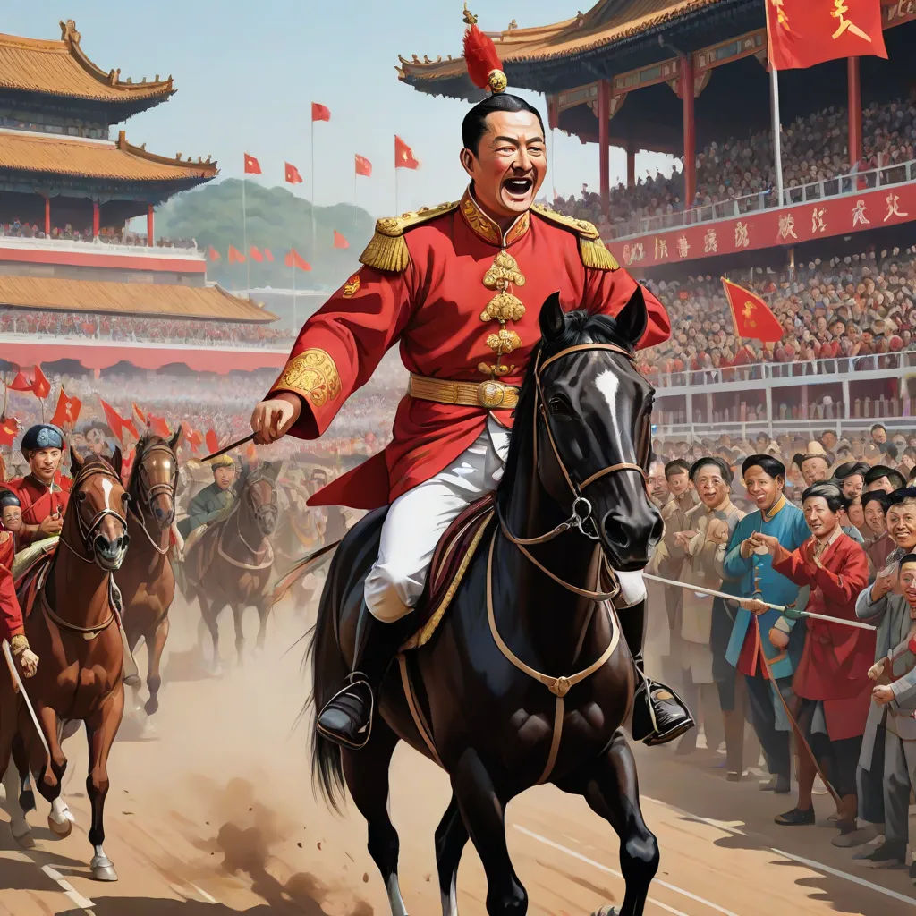 a painting of a man riding a horse in front of a crowd of people on a field with flags, excessivism, a detailed matte painting, Emperor Huizong of Song, official art
