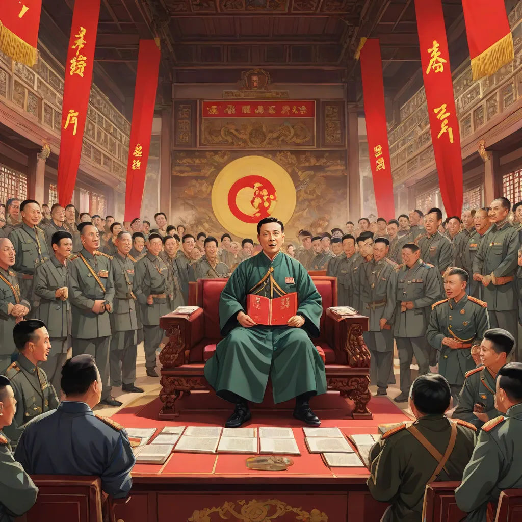 a painting of a man sitting in a chair in front of a group of men in uniform and holding a book, socialist realism, a detailed matte painting, Emperor Huizong of Song, official art
