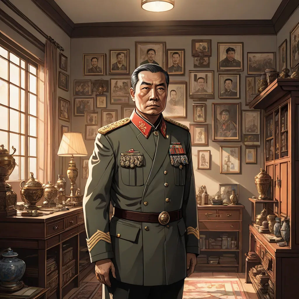 a man in a military uniform standing in a room with many pictures on the wall and a lamp on the floor, sots art, a character portrait, Cao Zhibai, kim jung gi