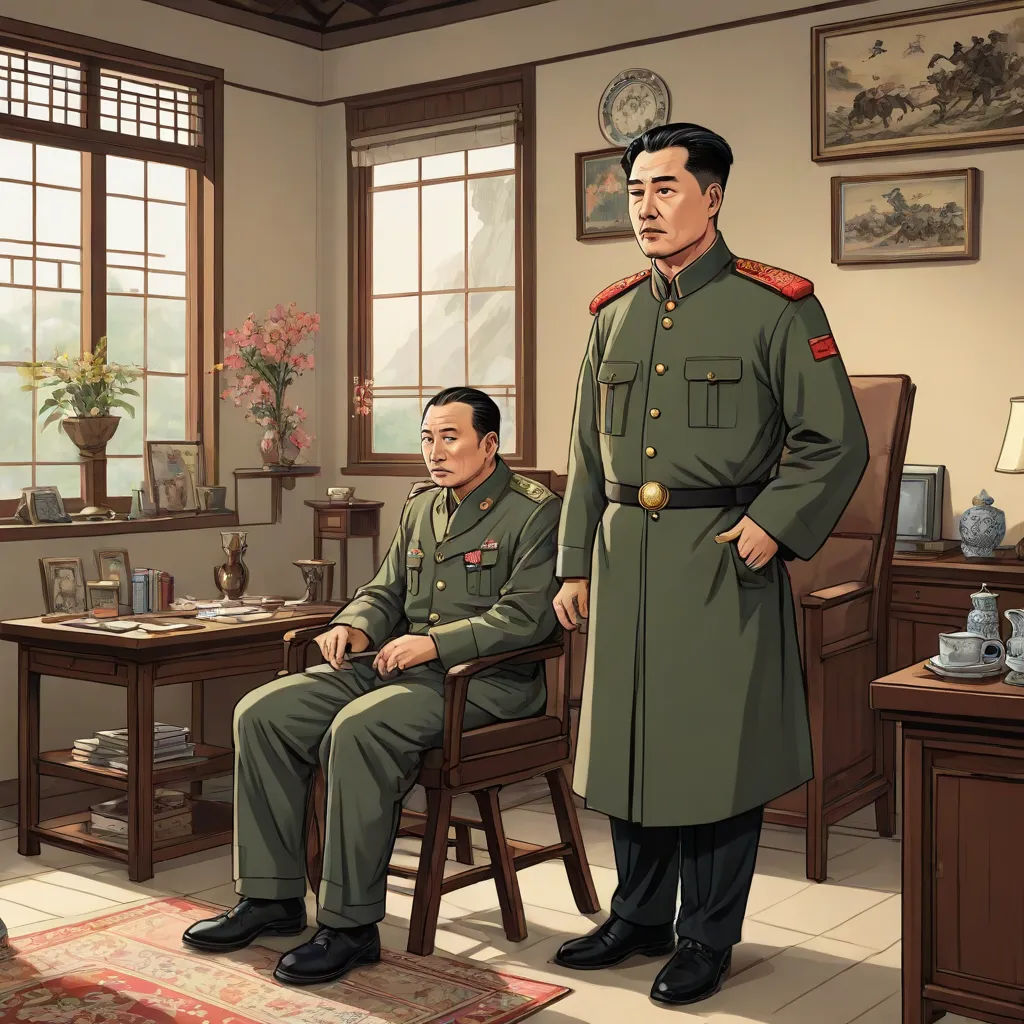 a man in a military uniform standing next to a man in a chair in a room with a rug, sots art, a character portrait, Choi Buk, official art