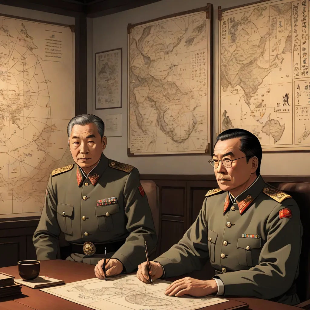 two men in military uniforms sitting at a table with a map on the wall behind them and a cup of coffee in front of them, serial art, a detailed matte painting, Eizan Kikukawa, official art