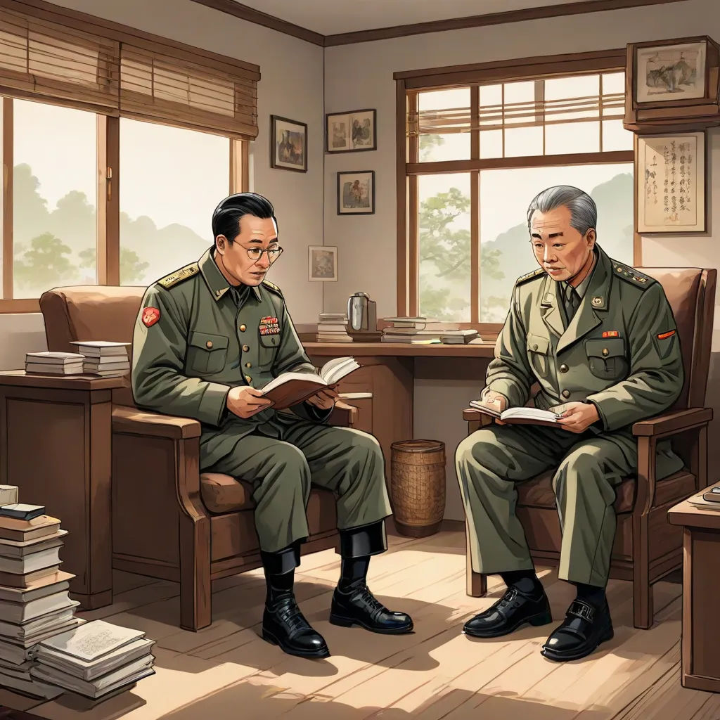two men in military uniforms sitting in a room with a book in their hands and a book in their lap, fantastic realism, a storybook illustration, Choi Buk, kim jung gi