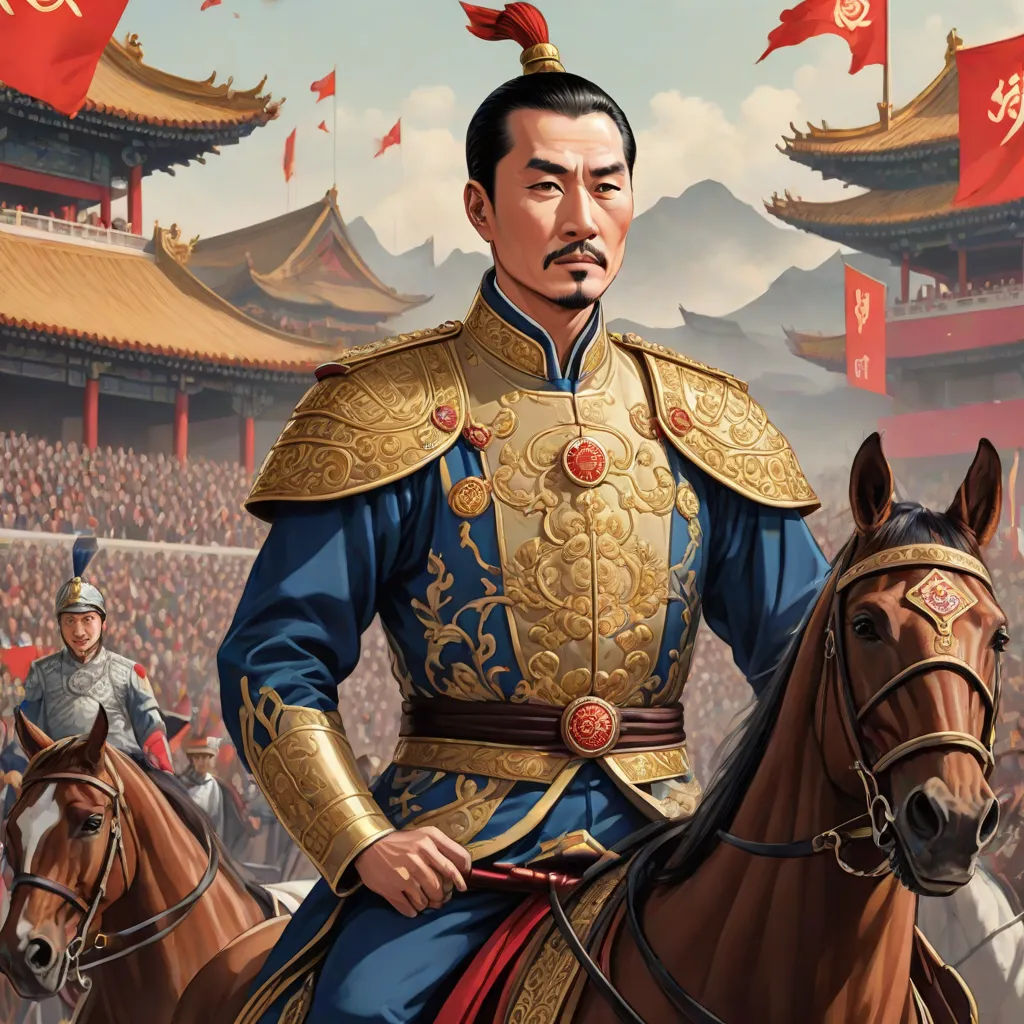 a painting of a man in a chinese uniform on a horse in front of a crowd of people and flags, altermodern, a character portrait, Emperor Huizong of Song, official art