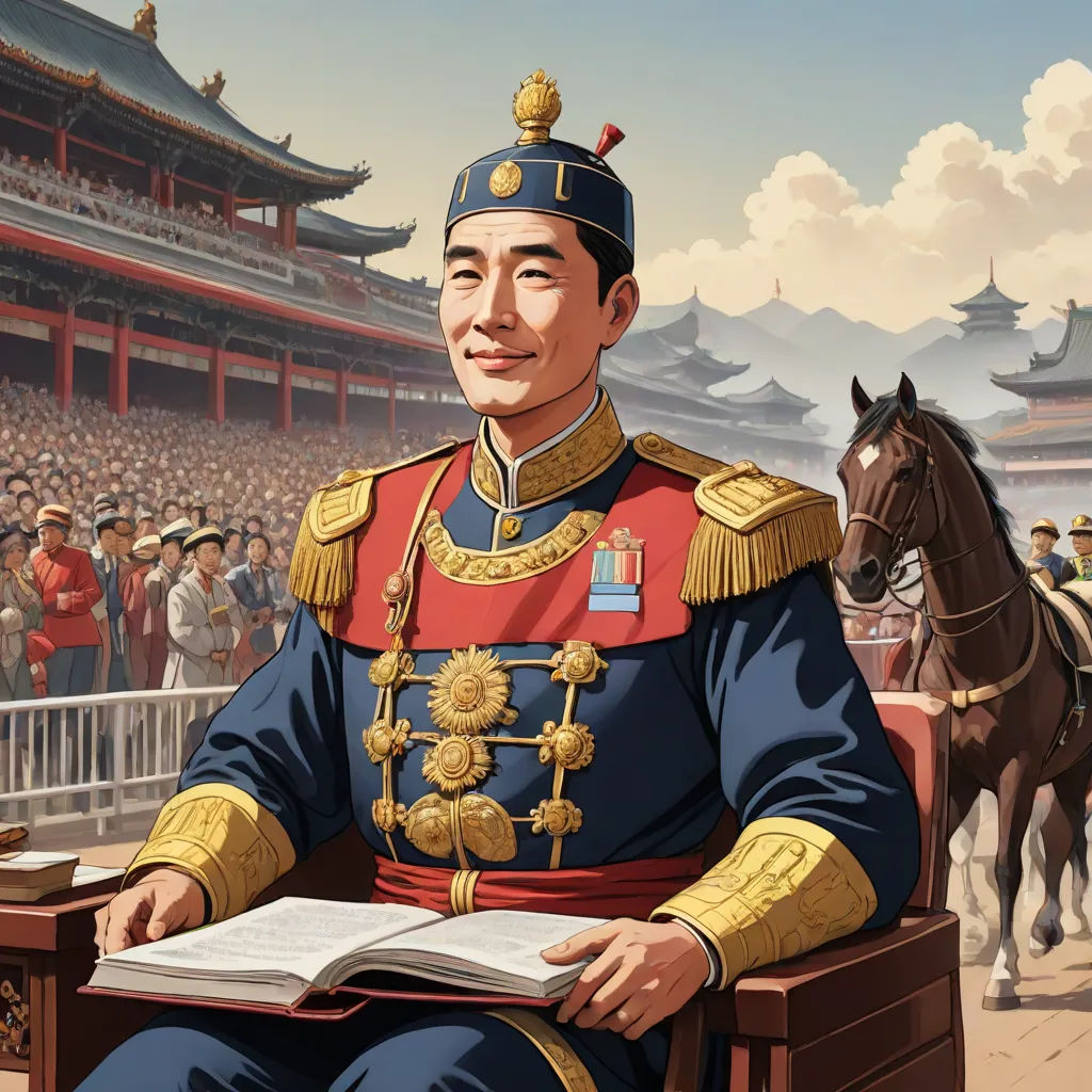 a man in a military uniform sitting in a chair with a horse in front of him and a crowd of people, socialist realism, a detailed matte painting, Emperor Huizong of Song, high detail illustration