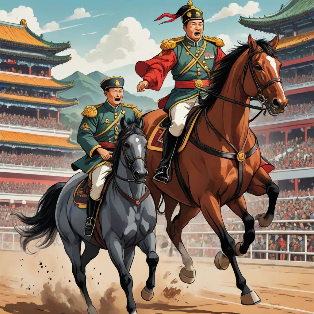 two men in uniforms riding horses in front of a crowd of people in a stadium with a stadium in the background, sots art, a comic book panel, Cao Zhibai, official art