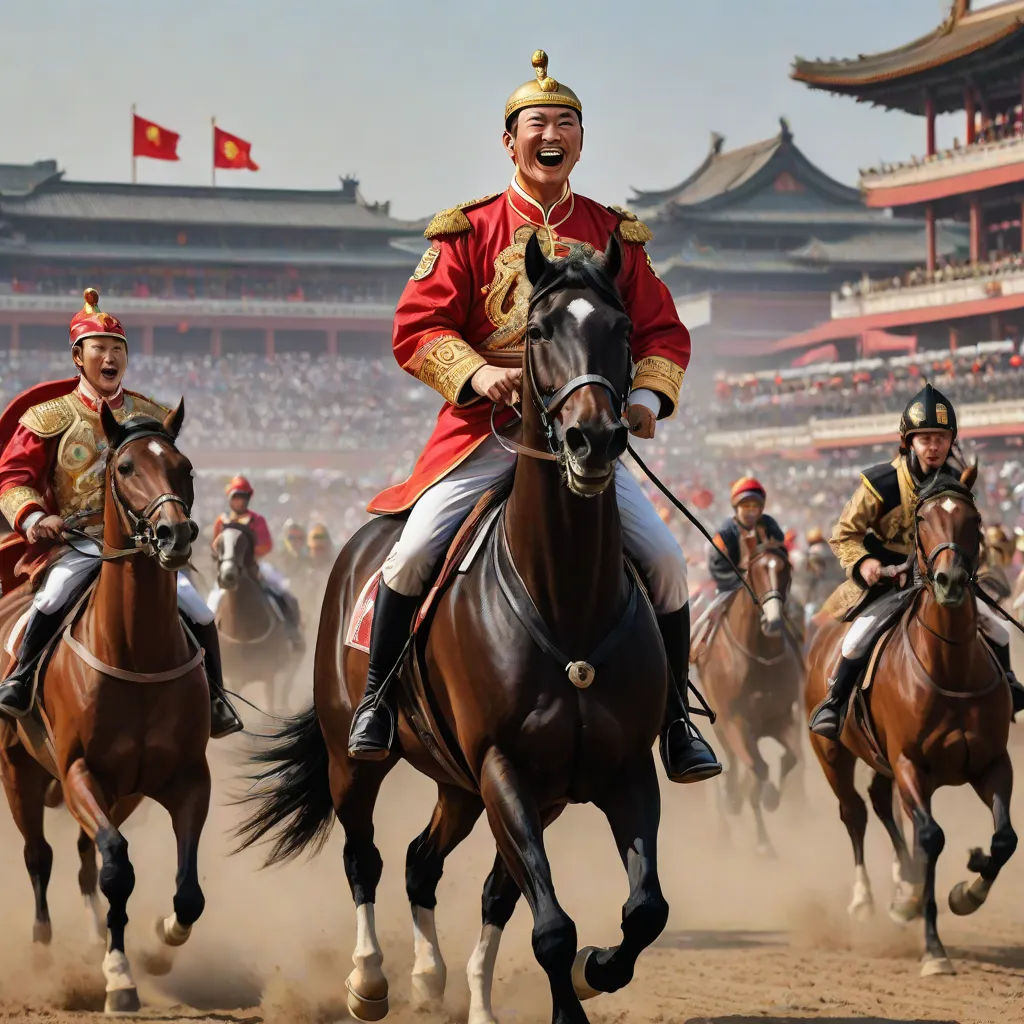 a group of men riding on the backs of brown horses in front of a crowd of people in red and gold outfits, cloisonnism, a detailed matte painting, Emperor Huizong of Song, highly detailed digital painting
