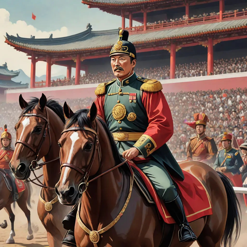 a painting of a man riding a horse in front of a crowd of people in a stadium with a red building, sots art, a detailed painting, Emperor Huizong of Song, highly detailed digital painting