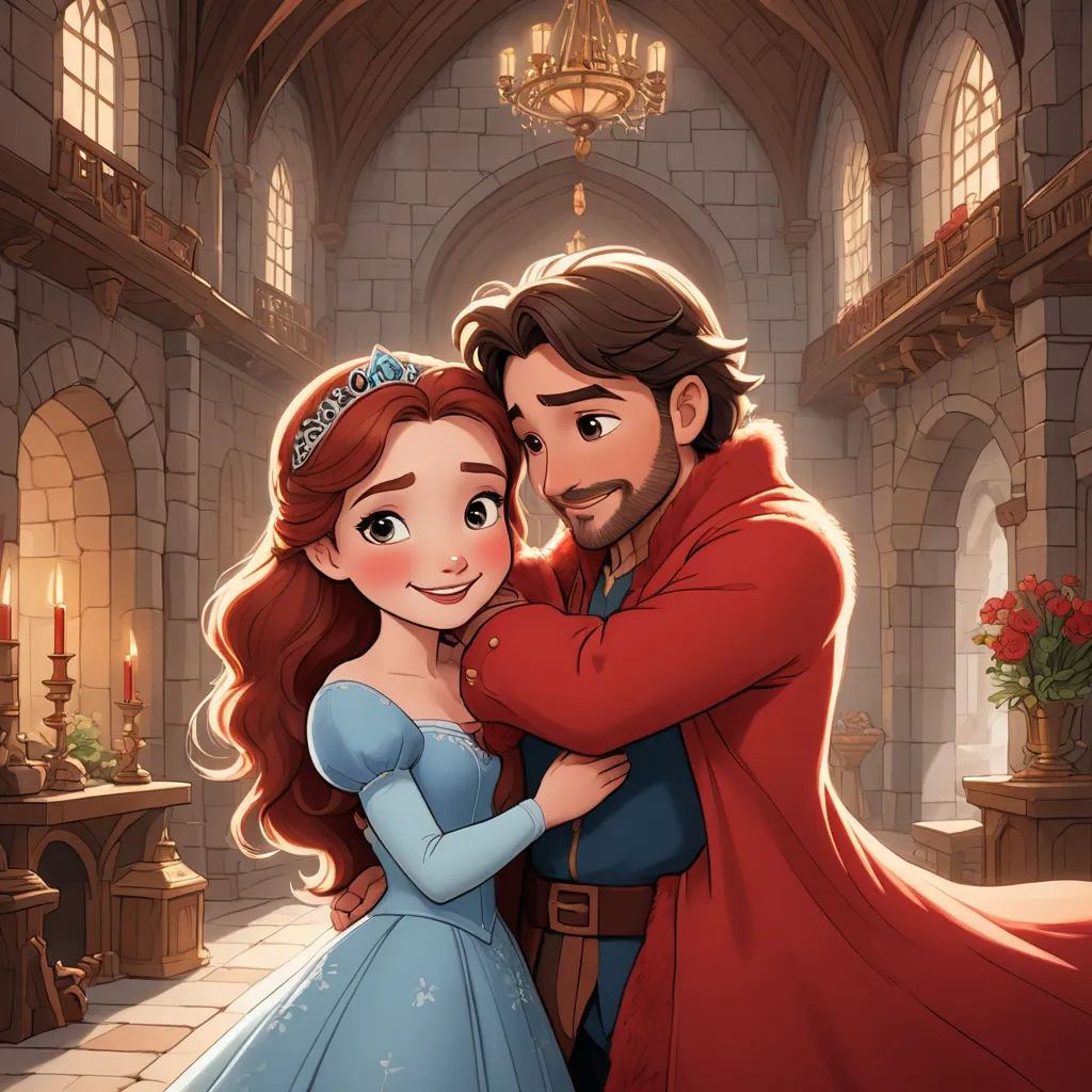 a man and a woman in a castle hugging each other and smiling at the camera with a red cloak over their heads, neo-romanticism, a storybook illustration, disney, official art