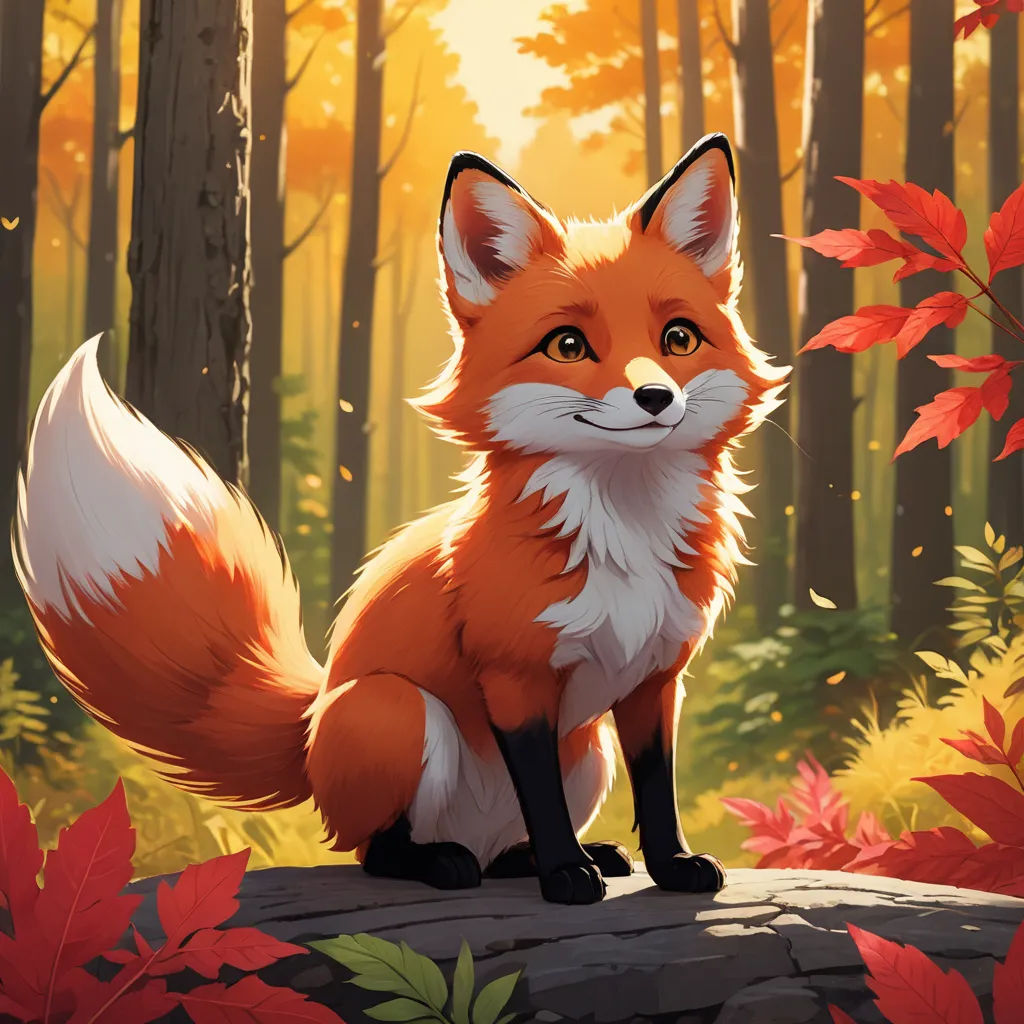 a red fox sitting on a log in a forest with leaves on the ground and a sun shining through the trees, furry art, a fine art painting, Aaron Jasinski, official art