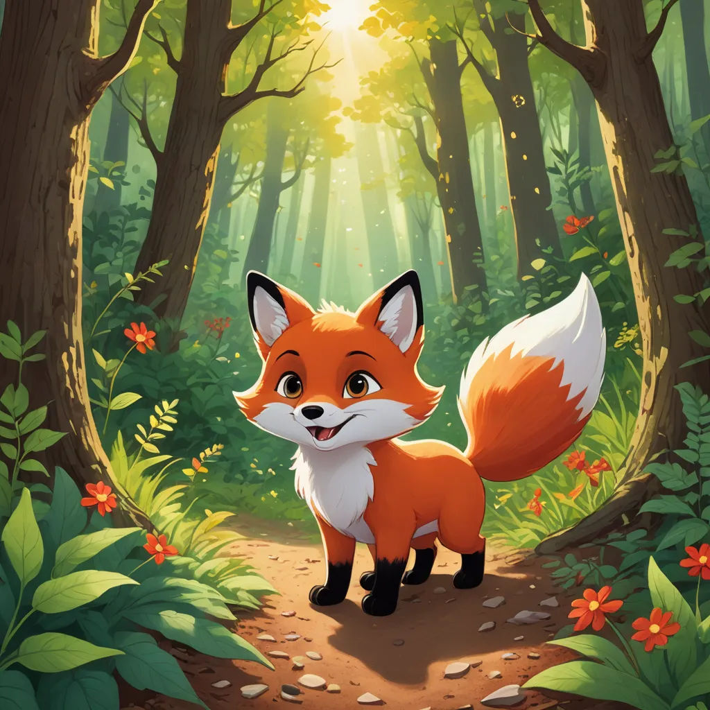 a fox standing in the middle of a forest with a sun shining through the trees behind it and a path leading to the forest, furry art, a storybook illustration, Cliff Childs, official art