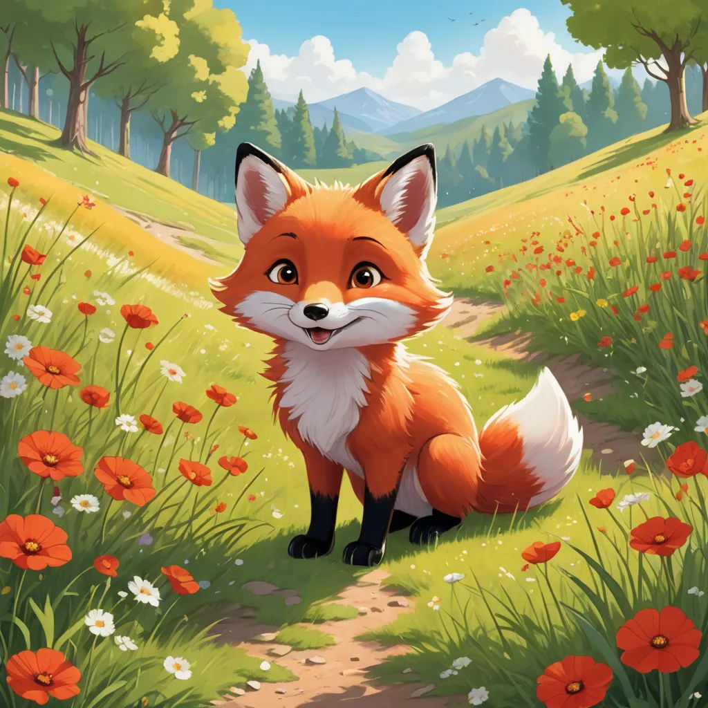 a red fox sitting in a field of flowers and grass with a path leading to it's right, furry art, a storybook illustration, Anne Said, official art