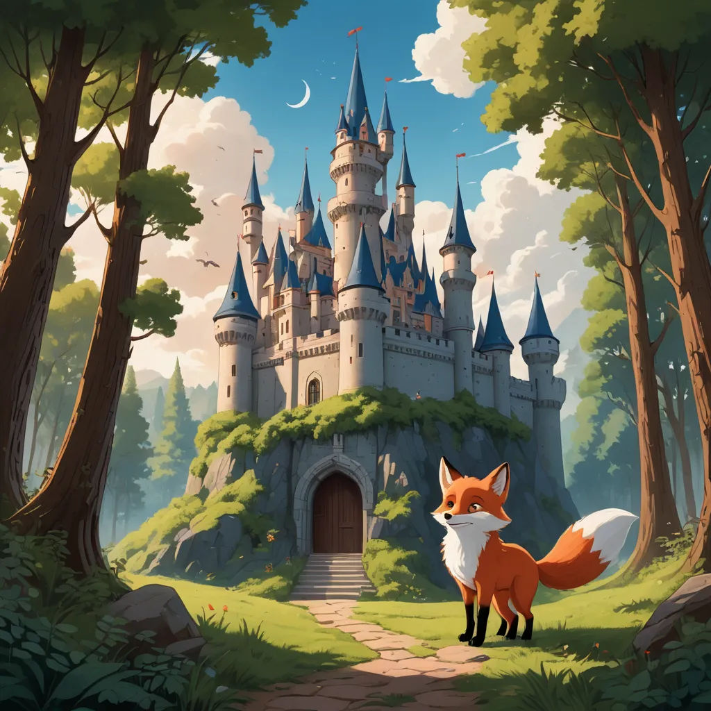 a fox standing in front of a castle in the woods with a moon in the sky above it and a path leading to it, fantasy art, a storybook illustration, Chris LaBrooy, rossdraws global illumination