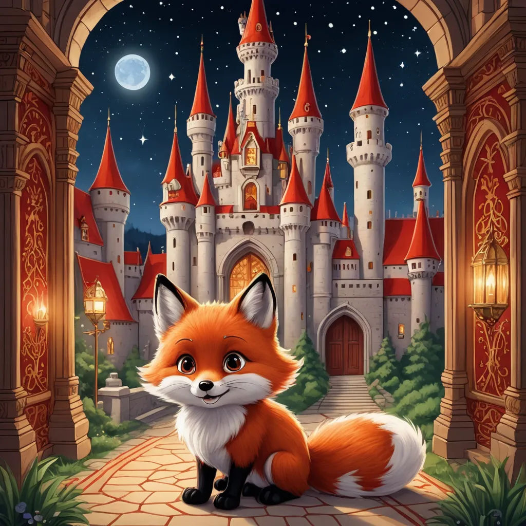 a fox sitting in front of a castle with a full moon in the sky above it and a pathway leading to it, furry art, a storybook illustration, disney, kinkade
