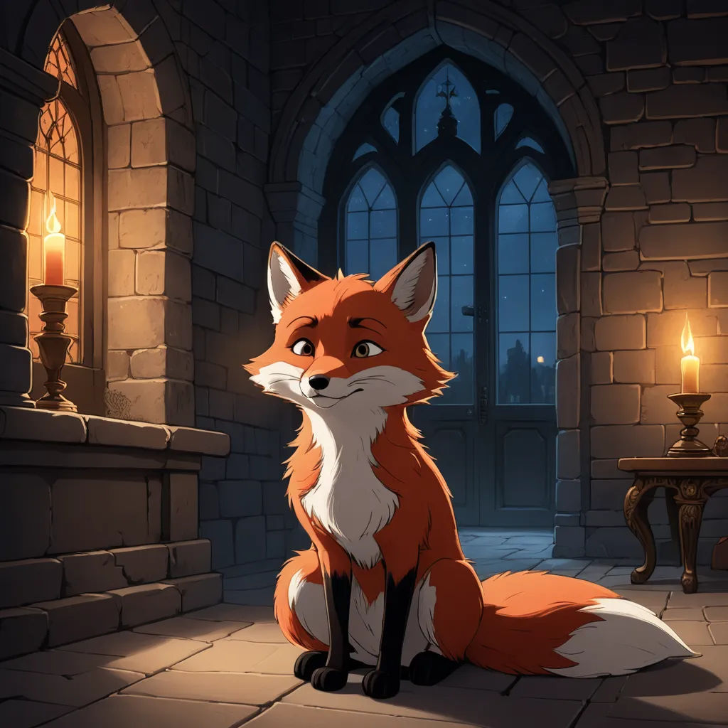 a fox sitting in a castle looking at the camera with a candle in the background and a window in the background, furry art, a storybook illustration, Don Bluth, official art