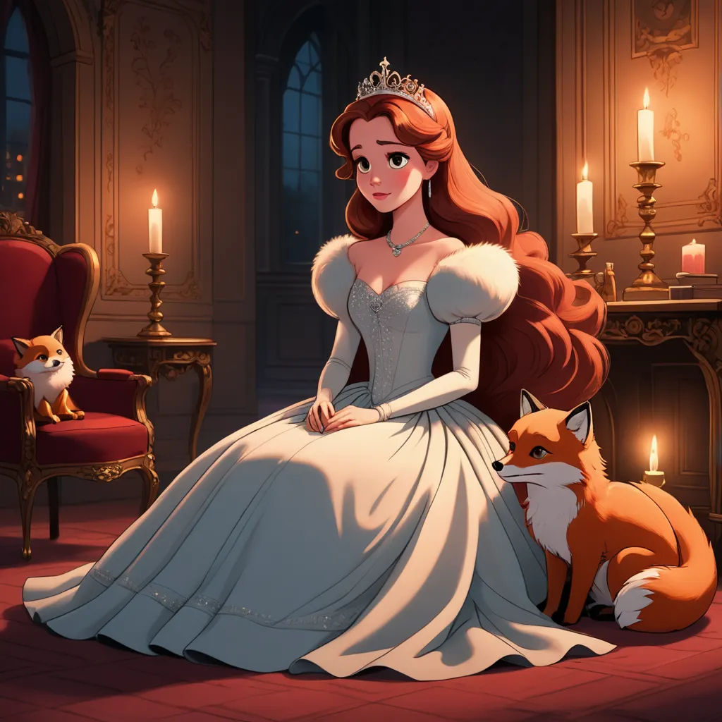 a woman in a white dress sitting next to a fox in a room with candles and a fireplace on the wall, furry art, a storybook illustration, disney, rossdraws global illumination