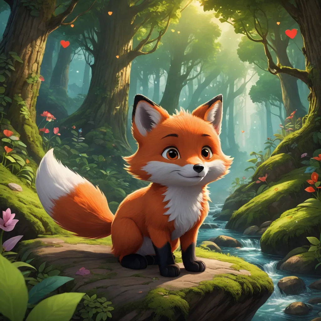 a fox sitting on a rock in a forest with a stream running through it's forest floor and trees, furry art, a storybook illustration, Cliff Childs, official art