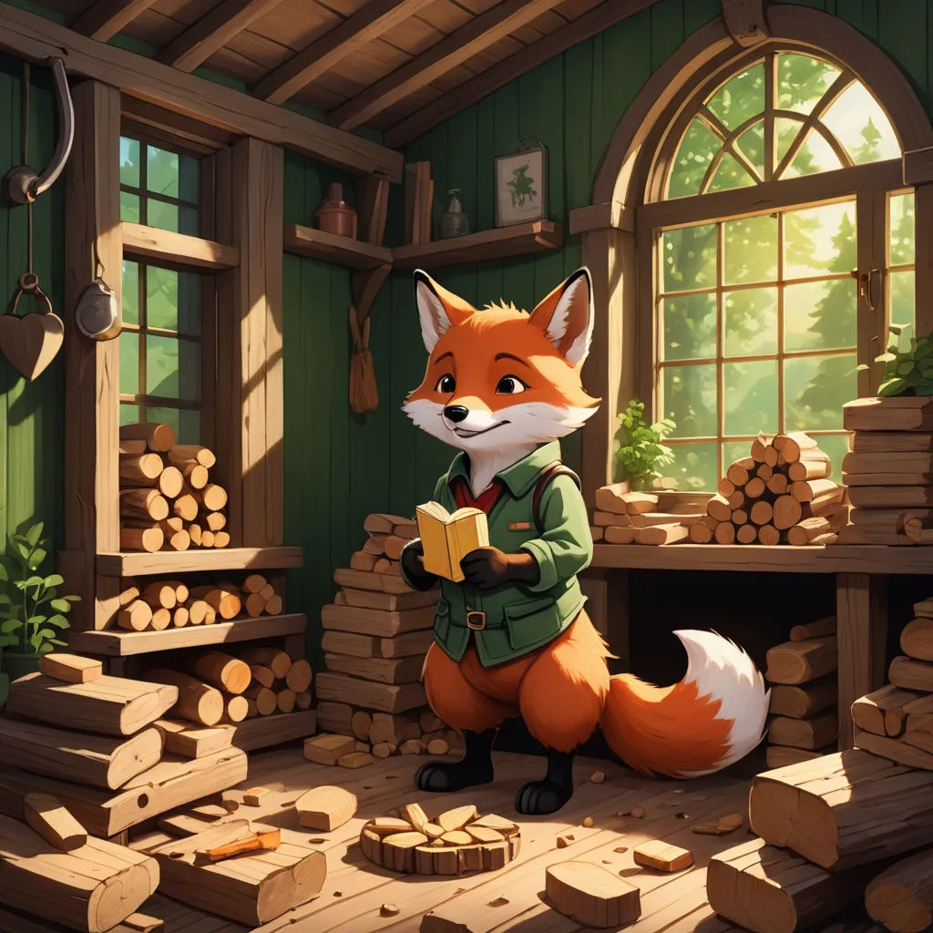 a fox is standing in a room with stacks of logs and a window that has a view of a forest, furry art, a storybook illustration, Evgeny Lushpin, storybook illustration