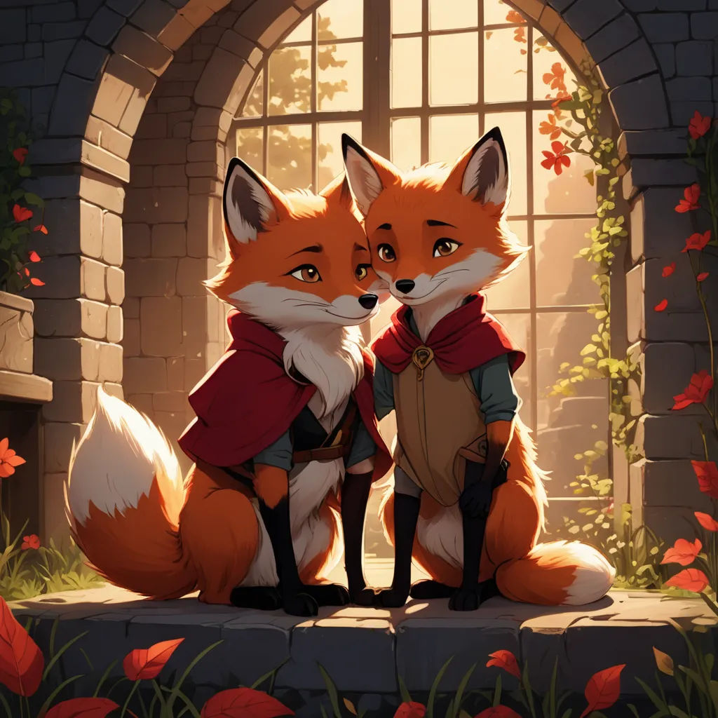 two foxes are sitting next to each other in front of a window with flowers on it and a brick wall, furry art, a detailed painting, Bálint Kiss, official art