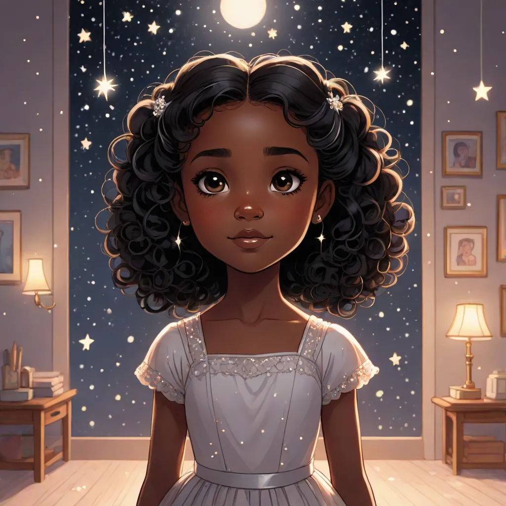 a young girl in a white dress standing in a room with stars on the ceiling and a lamp on the wall, space art, a storybook illustration, Chinwe Chukwuogo-Roy, official art
