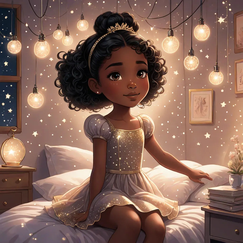 a little girl sitting on a bed with a starlight background and a night sky filled with stars and hanging lights, fantasy art, a storybook illustration, Cliff Childs, storybook illustration