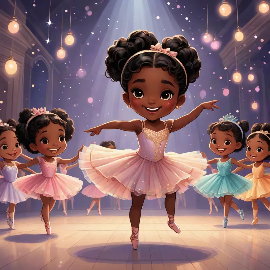 a cartoon of a little girl dancing with her friends in a dance studio with lights and chandeliers, harlem renaissance, a storybook illustration, Chinwe Chukwuogo-Roy, official art