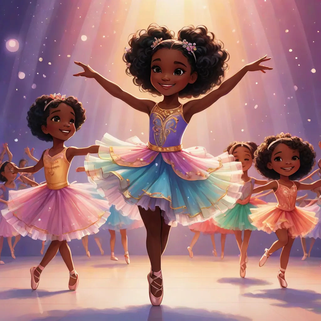 a cartoon of a girl dancing with other girls in a dance studio with a spotlight behind her and a starburst in the background, harlem renaissance, a storybook illustration, Chinwe Chukwuogo-Roy, official art