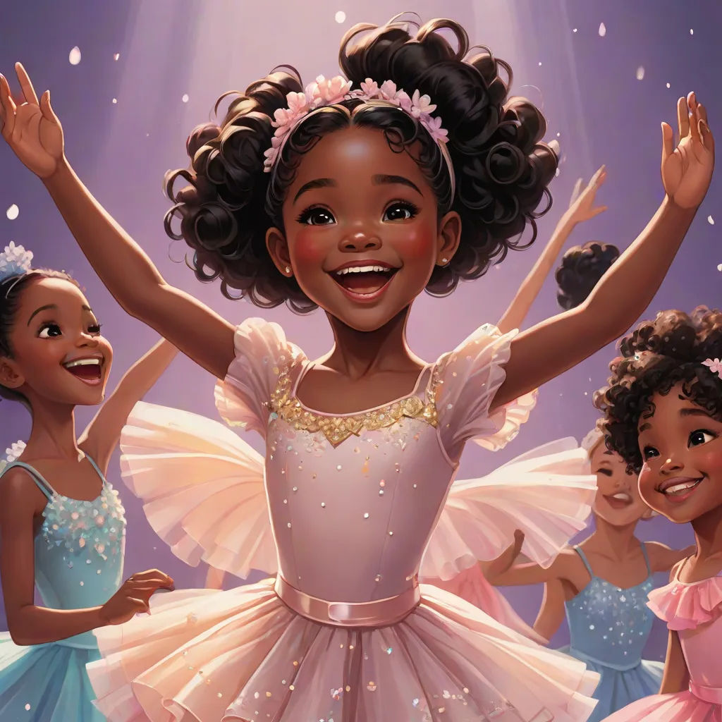 a painting of a girl in a ballet outfit surrounded by other girls in dresses and tiaras, all smiling, harlem renaissance, a storybook illustration, Chinwe Chukwuogo-Roy, official art