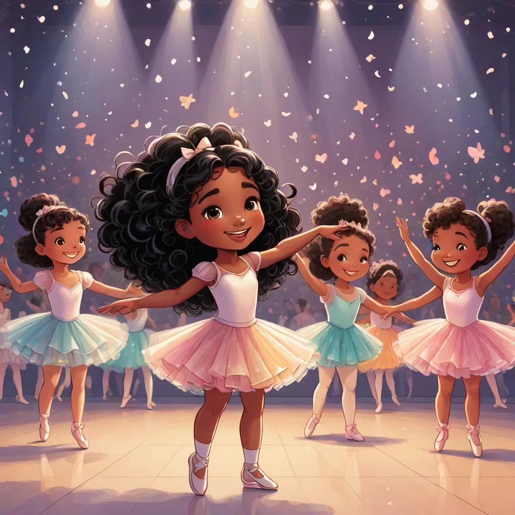 a group of young girls in ballet attire dancing on a stage with spotlights and confetti falling from the ceiling, arabesque, a storybook illustration, Chinwe Chukwuogo-Roy, official art