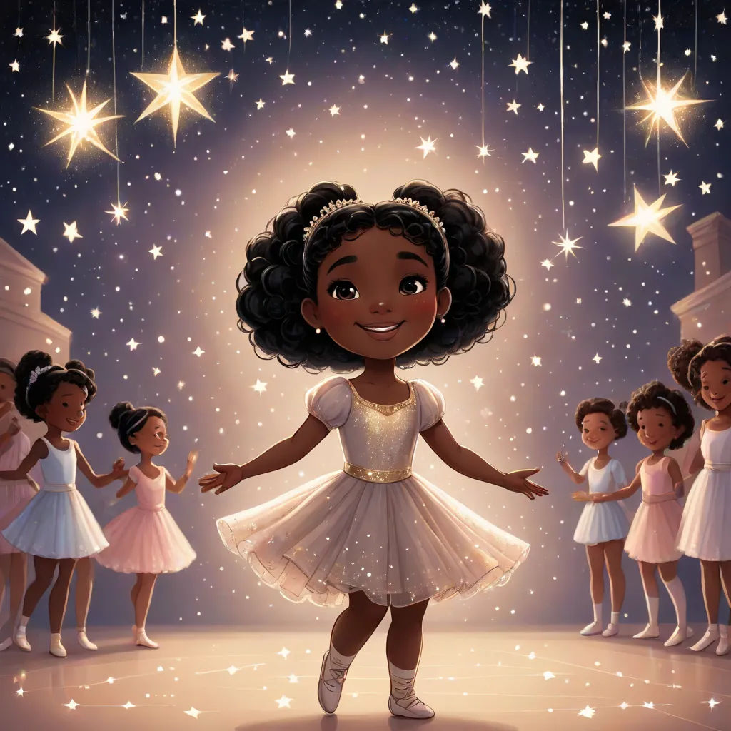 a cartoon girl in a white dress surrounded by other children in white dresses and stars in the sky above her, harlem renaissance, a storybook illustration, Chinwe Chukwuogo-Roy, official art