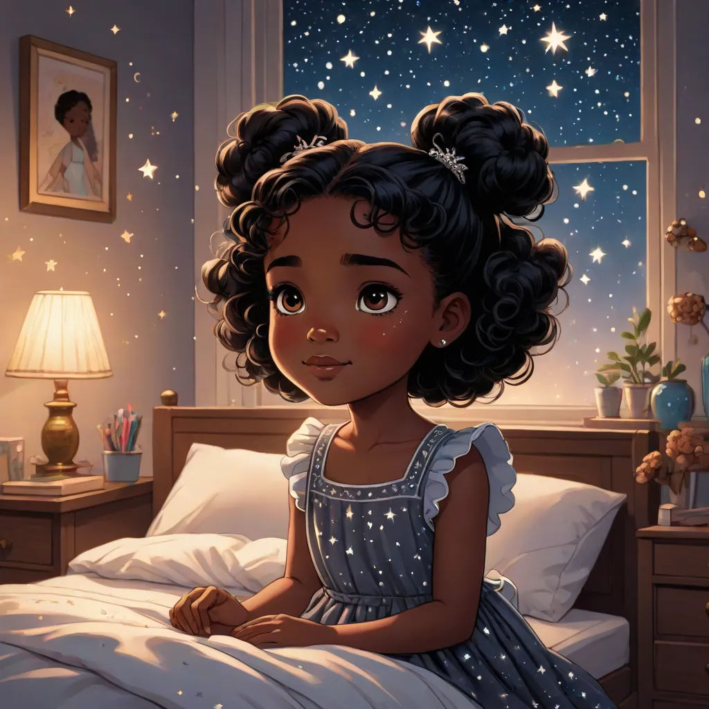 a little girl sitting on a bed in a bedroom with stars on the wall and a window behind her, space art, a storybook illustration, Cliff Childs, storybook illustration