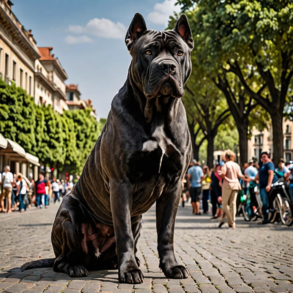 a dog sitting on a brick street with people walking by in the background and a dog on the ground, sumatraism, a statue, Elke Vogelsang, magnificent