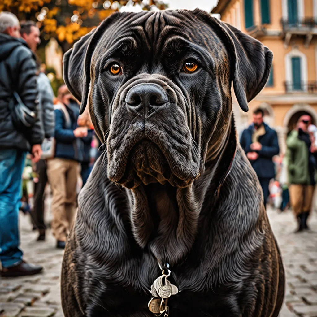 a large black dog with a collar on a brick street with people in the background and a building with a clock on it, mannerism, a portrait, Duccio, symmetrical eyes