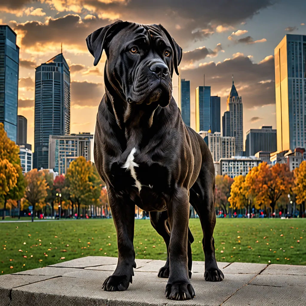 a dog standing on a cement block in a park with a city skyline in the background at sunset or dawn, neoclassicism, a statue, Elke Vogelsang, animal photography