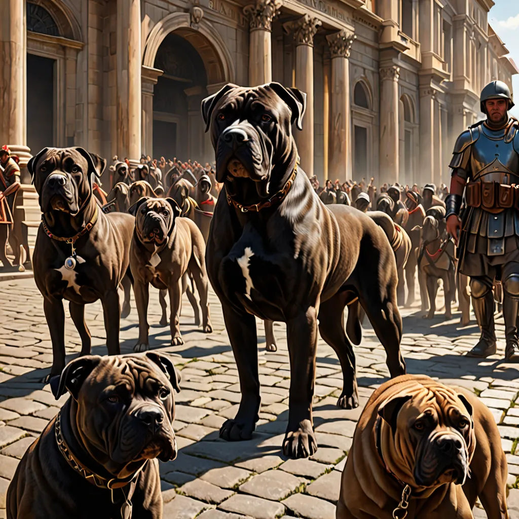 a painting of a group of dogs standing in front of a crowd of people in front of a building, photorealism, a detailed matte painting, Clint Cearley, highly detailed digital painting