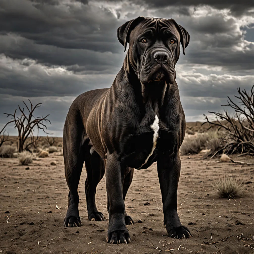 a large black dog standing in a desert field under a cloudy sky with trees and bushes in the background, neoclassicism, a digital rendering, Elke Vogelsang, animal photography