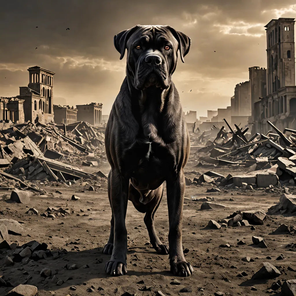 a dog standing in a destroyed city with a sky background and a building in the background that has been destroyed, precisionism, a detailed matte painting, Elke Vogelsang, weta digital