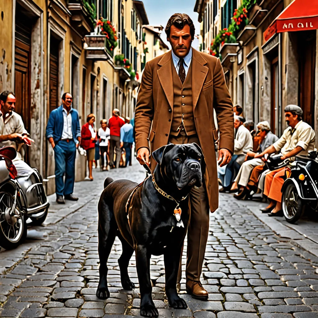 a man in a suit and tie walking a dog down a street with people on the sidewalk and on motorcycles, massurrealism, a colorized photo, Alesso Baldovinetti, promotional image